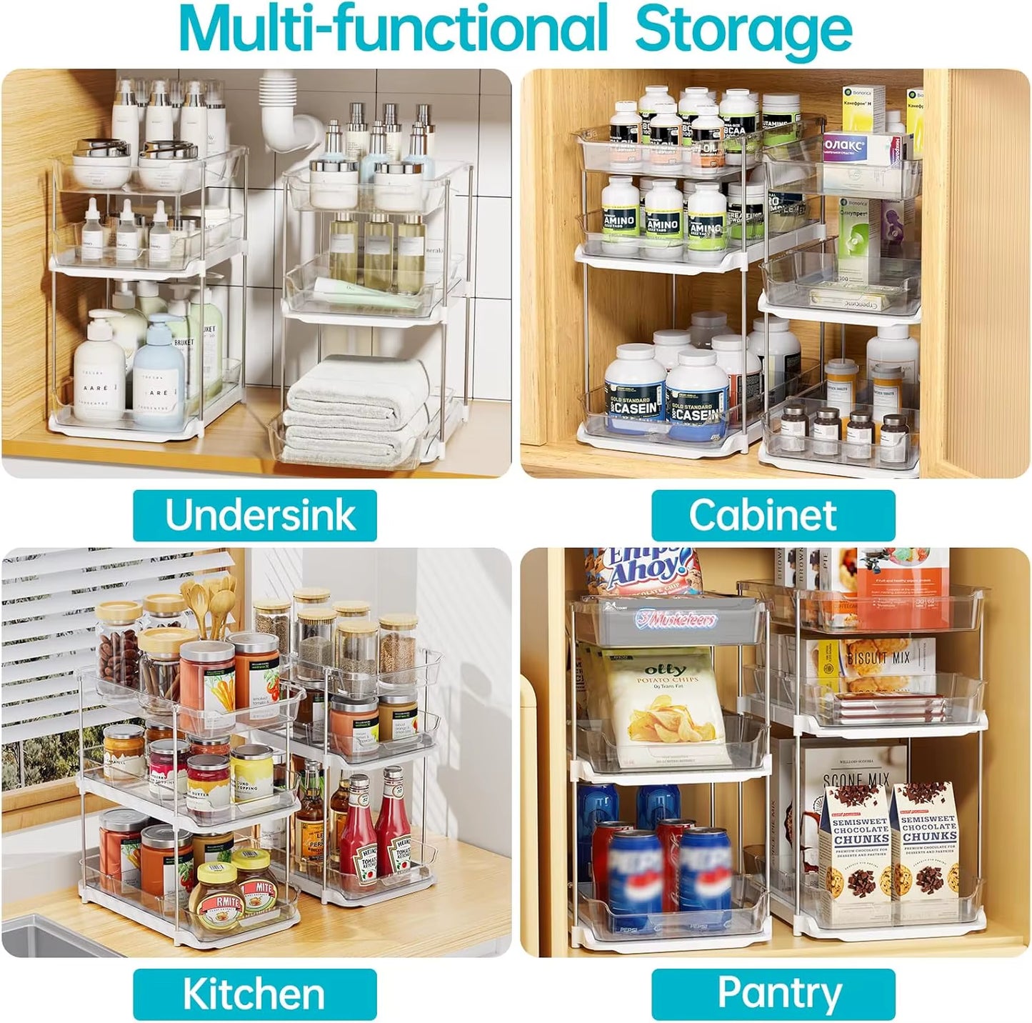 3-Tier Bathroom under Sink Organizers and Storage Pantry Organization Pull Out Clear Kitchen Bathroom Cabinet Organizer